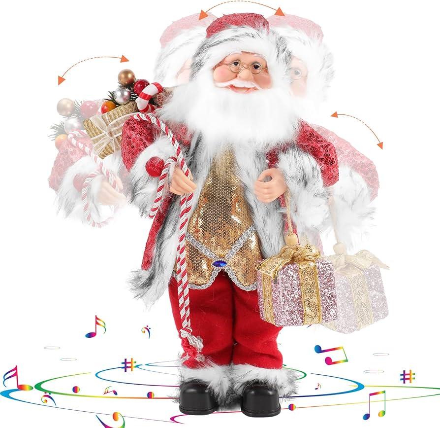 18 Inch Animated Plush Santa Figurine with Music and Movement, Collectible Red Sequin Coat Christmas Decoration, Singing Dancing Santa Claus Holiday Centerpiece Gift for Home or Store