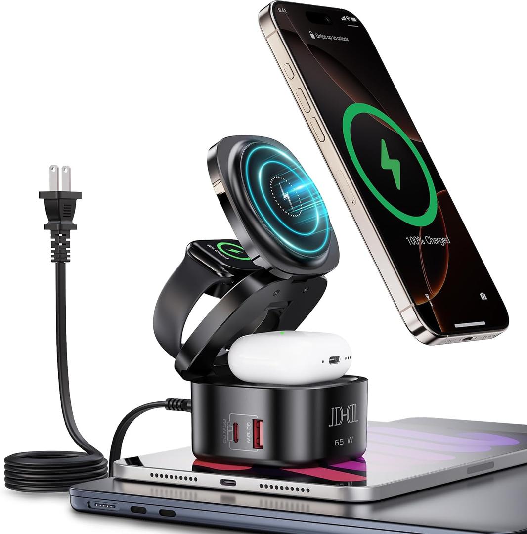 65W Charging Station for Multiple Devices, 5 in 1 Magnetic Wireless Charger Compatible with Magsafe Charger, GaN Foldable Fast Charging Stand