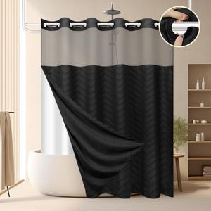 No Hook Shower Curtain and Snap in Liner Set Black Tufted Chevron Striped Cloth Waterproof Washable Fabric Boho Farmhouse Bath Curtain See Through Mesh Top Window for Bathroom Hotel 71" x 86"