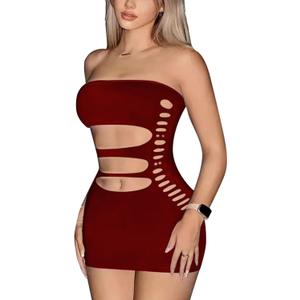 Sleeveless Strapless Sexy Dresses for Women Tube Bodycon Cut Out Dress Badydoll Dresses Lingerie Dress Clubwear (One Size, Wine Red)