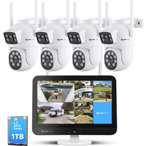 YEEWISE 2K Wi-Fi 6 Wireless Security Camera System with 12" Monitor, Dual Lens WiFi Security Cameras with 360 Pan Tilt & Auto Tracking, 16CH NVR with 1TB HDD, 5G&2.4G WiFi, 24/7 Record,Plug-in Power