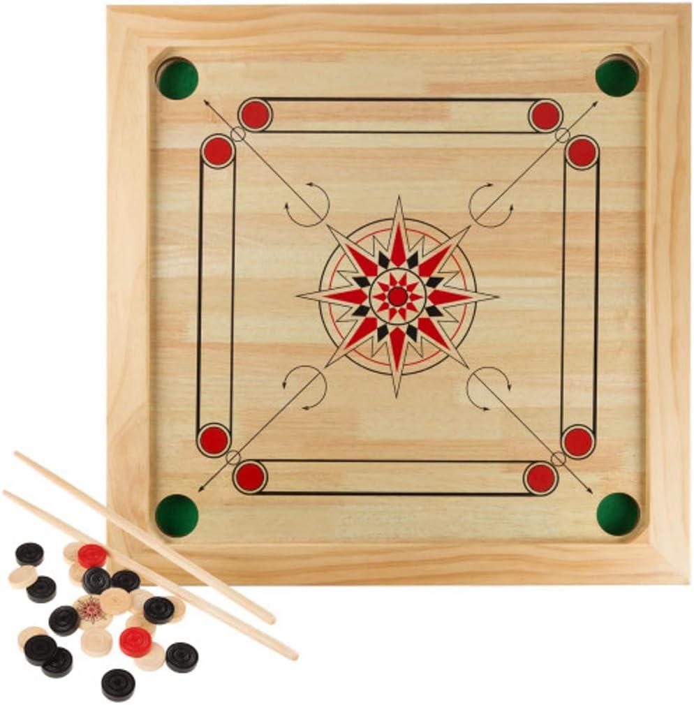 Carrom Board Game - Wooden Strike and Pocket Game Set with Group of Black and Beige Coins, 2 Red Queen Coins, Striker Coin, and Cue Sticks by Hey Play, 26 inches by 26 inches by 0.75 inches