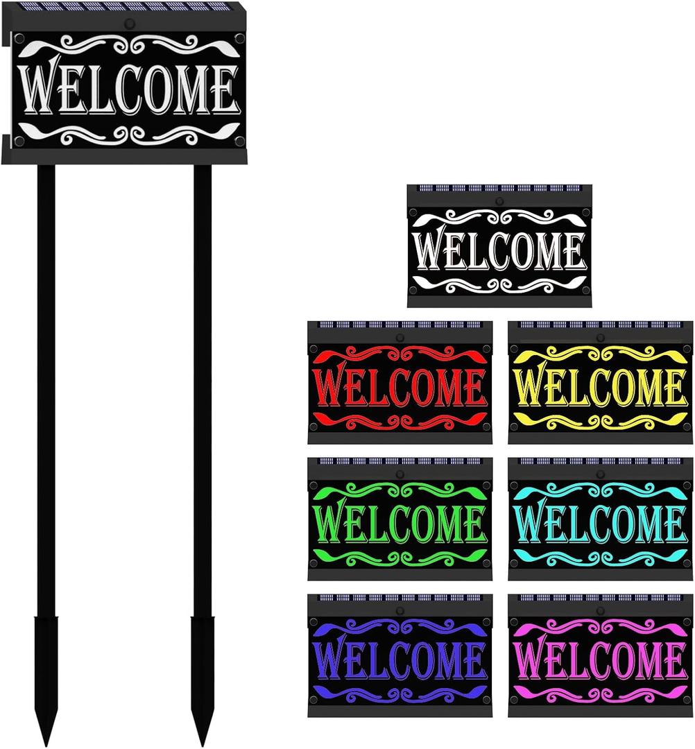 Lighted Welcome Sign Solar Powered, Waterproof RGBW Color Changing, Illuminated Welcome Plaque with Double Stakes for Front Door Proch Yard Home Party Outside Decor