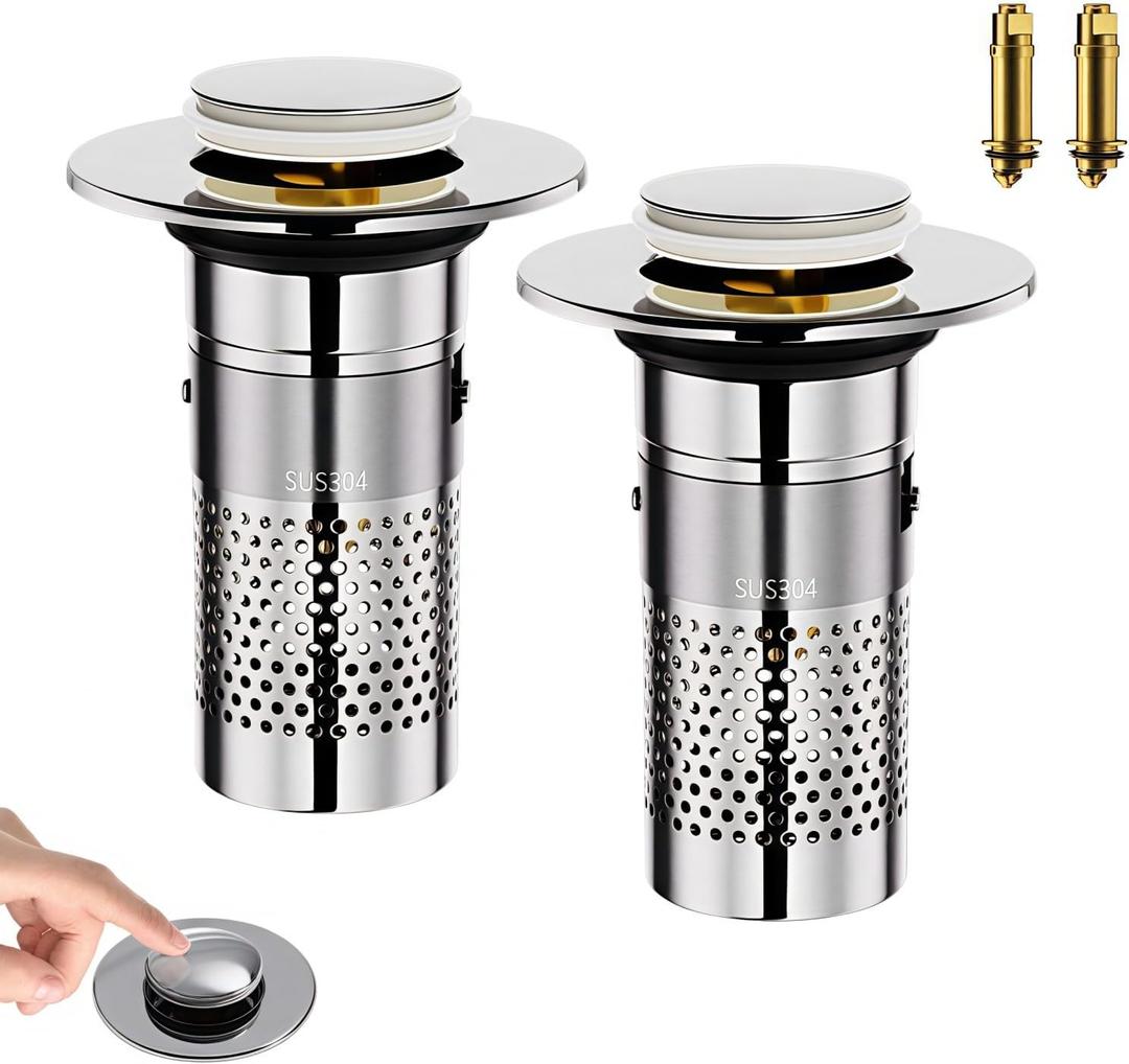 Universal Pop-Up Bathroom Sink Stopper, Stainless Steel Drain Strainer with Removable Filter Basket for 1.1"-2.36" Basin, Push-to-Bounce Core, Bathroom Sink Plug, Hair Catcher, 2 Pack (Abs+stainless-circular Netting)