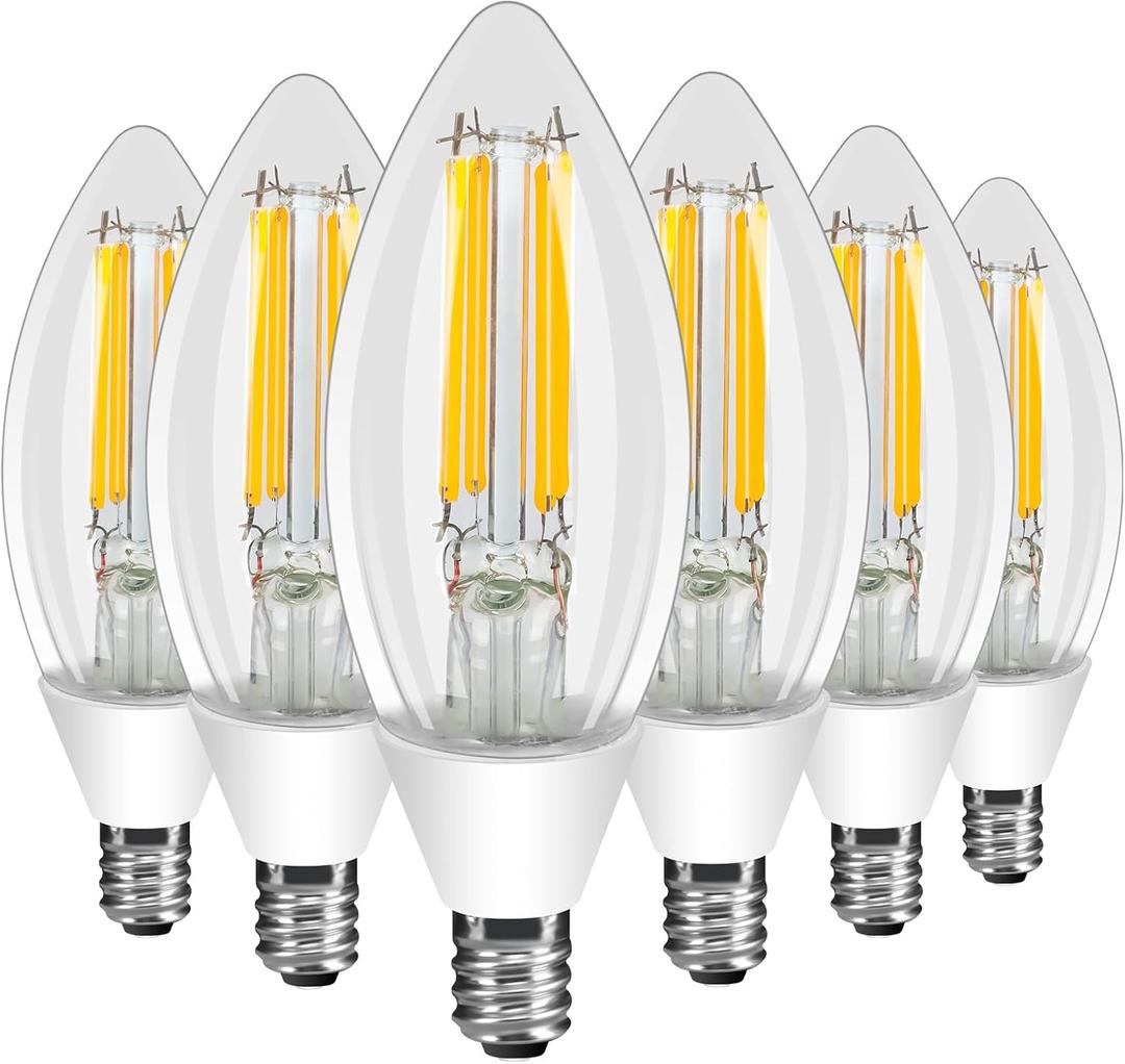 Ganiude E12 Dusk to Dawn Light Bulbs Outdoor, C35 B11 5W 60W Equivalent 500LM 2700K Warm White Photocell Sensor Filament Candelabra Bulbs, Auto ON/Off Edison Outdoor Bulbs for Garage, Porch, 6 Pack
