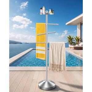 Aubliss Pool Towel Rack Outdoor, 54" Outdoor Towel Rack for Pool, Rustproof | 304 Stainless Steel with 3 Adjustable Arms & Weighted Base, Free Standing Rack for Bathroom, Poolside, Hot Tub, Patio
