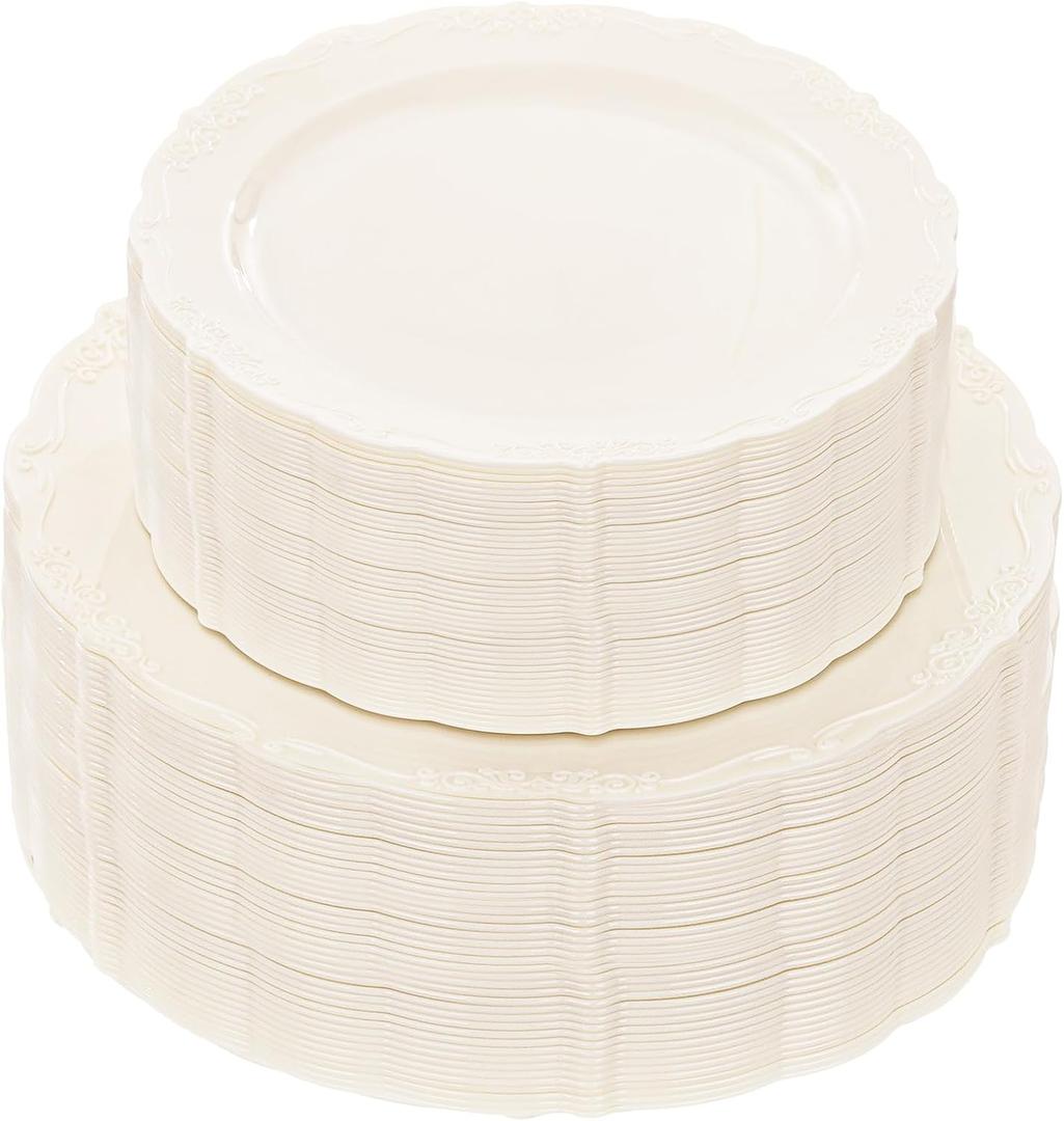 U-QE 100 Pieces Ivory Plastic Plates for Party - Ivory Disposable Plastic Plates - Heavy Duty Disposable Platos Including 50 Dinner 10.25 '' & 50 Dessert 7.5 '' for Weddings