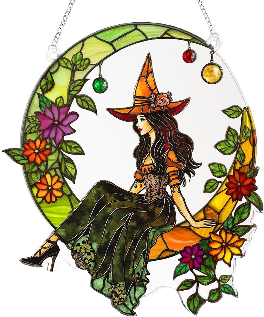 Halloween Faux Stained Glass Ghost Ornaments Acrylic, Halloween Decor Cute Suncatcher, Cute Ghost Gift for Book Lovers, Gothic Fall Decor for Window, for Women (Moon Witch)