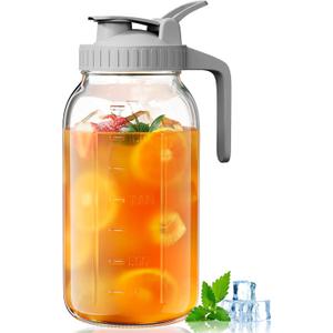 OneDream Glass Pitcher with Lid  64oz Glass Mason Jar Pitcher with Wide Mouth, Airtight Seal, Leak-Proof, Spout Design  Ideal for Iced Tea, Sun Tea, Cold Beverages, and Home Entertaining (Gray)