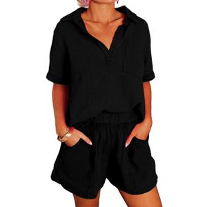 Dokotoo Two Piece Outfits Set for Women Summer Trendy Daily Tracksuit Ladies Solid V Neck Short Sleeve Shirts Matching Lounge Sets Comfy Casual Elastic High Waist Shorts with Pockets Black Small