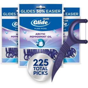 Oral-B Glide Peppermint Dental Floss Picks with Arctic Peppermint Oil Flavor, 75 Count, Pack of 3
