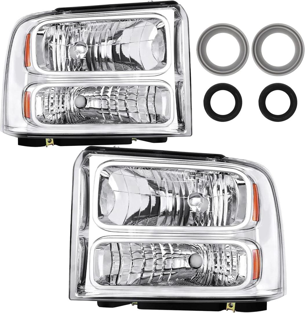 Headlight Assembly Compatible with 2005-2007 2005 2006 2007 05 06 07 Ford F250 F350 F450 F550 Super Duty/2005 Ford Excursion (Chrome Housing Amber Reflector) (OEM)
