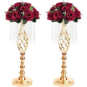 Metal Flower Stands with Crystal Beads, Wedding Centerpieces for Table Decorations, Elegant Metal Flower Arrangement Stands, Flower Vases for Wedding Party Celebration Home Decor (Gold-2pcs)