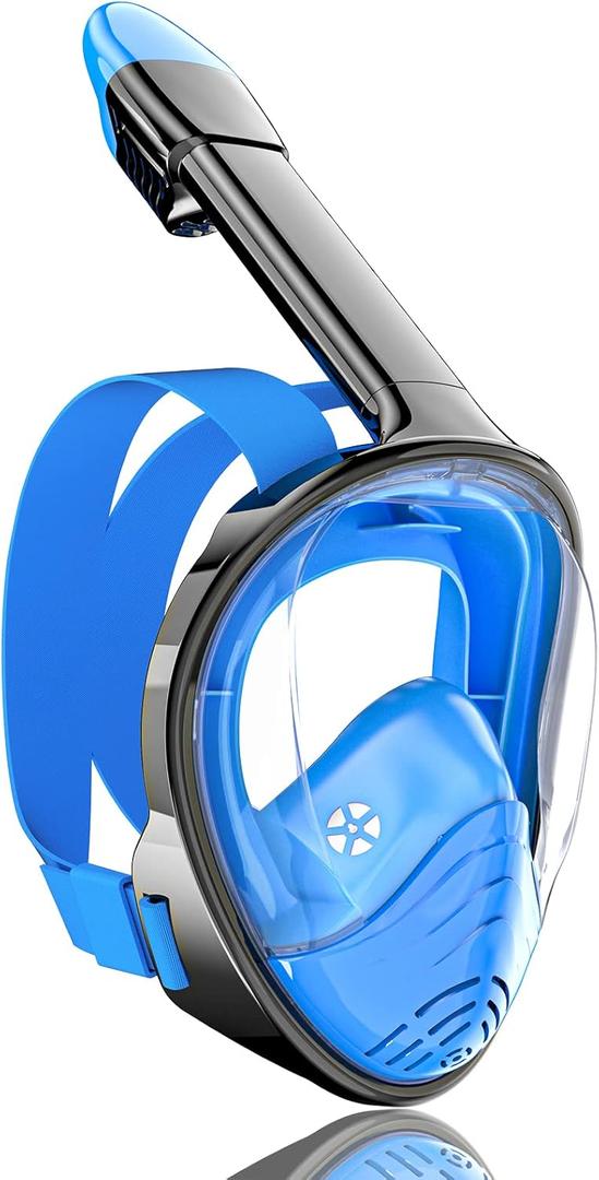 QingSong Full Face Snorkel Mask for Adults, Snorkeling Gear with Camera Mount, 180 Degree Panoramic View Snorkel Set Anti-Fog Anti-Leak (Blue)