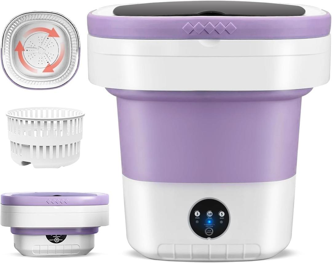 Portable Electric Foldable Mini Washing Machine 16L Touch Digital Control for Baby Clothes, Underwear, Camping, RV Spin Function Purple
