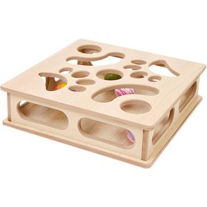 Cat Interactive Box Puzzle Toy with 3 Small Balls and 1 Bell Indoor Hunting Exercise Toy for Kittens Natural Wood Material