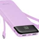 Charmast Portable Charger with Built in Cables, Power Bank with Cords Wires, Slim 10000mAh Travel Battery Pack 6 Outputs 3 Inputs 6A Fast Charging for Samsung Google Pixel LG Moto iPhone iPad (Purple)