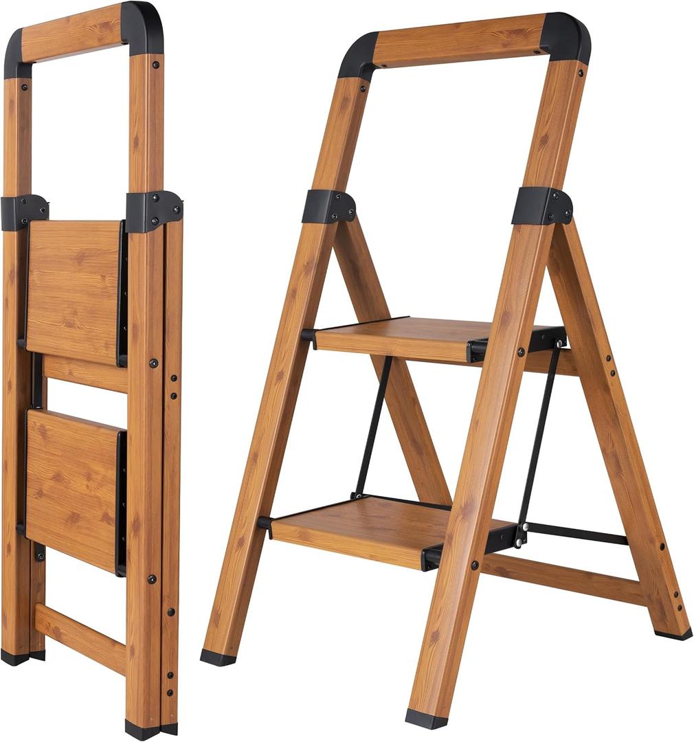 Step Ladders Folding 2-Step Woodgrain Finish Aluminum Foldable Step Stool,Anti-Slip Portable Sturdy for Home & Kitchen Office 330 lbs