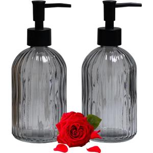 Gray Glass Soap Dispenser Set with Black Pump, 13.5oz Refillable Liquid Hand Soap Dispenser, Lotion Dish Soap Dispenser for Modern Home Decor, Bathroom, Kitchen Countertop, Hotel(2 Pack)