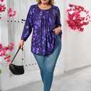 Plus Size Tunic Tops for Women 3/4 Sleeve Tunics Loose Fit Shirt Crew Neck Pleated Solid Casual Dressy Blouses (Purple, XXL)