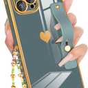 Petitian for iPhone 12 Pro Case Stand/String, Luxury Cute Women Girls Heart Electroplated Designer Phone Cases for 12 Pro, Grey Blue