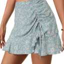 Vrtige Women's Boho Floral Print High Waist Drawstring Ruffle Hem Summer Mini Skirt (Blue, S)