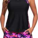 Yonique Women Tankini Swimsuit with Shorts - Tummy Control Two Piece Bathing Suit Swimwear with Sporty Pockets (X-Large, Pink Palm)