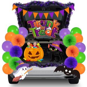 Halloween Trunk or Treat Car Decorations Kit for SUV with Halloween Balloons, Banner, Tinsel Garland, Cat Ghost Pumpkin Sticker for Archway Entryway Haunted House Garage Door Decor Party Supply (Orange)