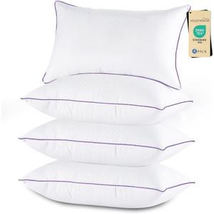 JOLLYVOGUE Pillows Standard Size Set of 4, Washable Supportive Bed Pillows with Super Soft Down Alternative Fill, Luxury Fluffy Hotel Quality for Side, Back and Stomach Sleepers, White/Purple