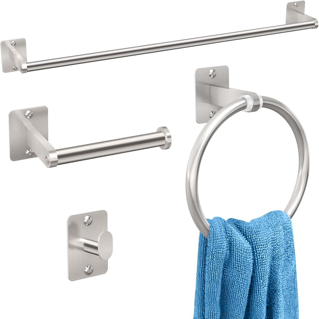 Brushed Nickel Bathroom Accessories Set, KLJKPA 4 Pieces Bathroom Hardware Set, 24 inch Towel Bar, Towel Racks for Bathroom, Robe Towel Hooks, Toilet Paper Holder Wall Mounted