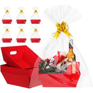 AFOROEOA 10PACK Red Baskets For Gifts Empty, 10x12Thick Kraft Gift Basket with 10 Bows 10 Bags Empty Gift Baskets for Christmas, Easter, Birthdays, Snacks, Farmers Market Red