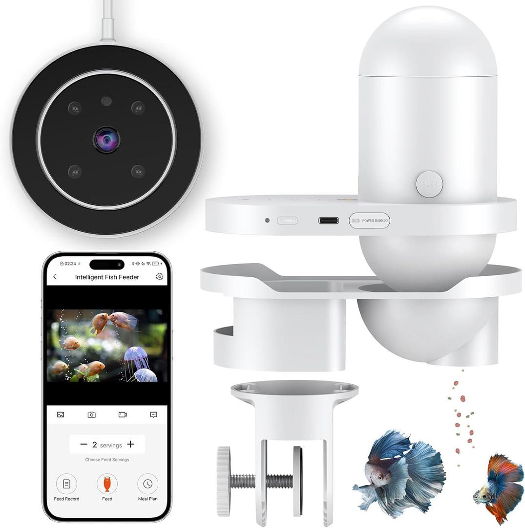 Pawfly WiFi Automatic Fish Feeder for Aquariums, Smart Auto Fish Food Dispenser with App Control 2.5 K HD Video & Timer, 230 mL Vacation Feeder for Powder Pellets & Small Pillars, USB Powered