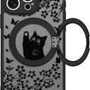 Cute Case for iPhone 15 Pro Case with Stand [ Compatible with MagSafe ] Kawaii Black Cat & Floral & Butterflies Pattern Design 360 Magnetic Ring Kickstand Phone Cover for Women Girls Boys