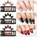 Press On Nails Almond- Fall Pink Red Black Medium Almond, Reusable Nails Press Ons, Fake Nail with Adhesive Tabs, 12 Sizes 24 Pcs Nail Kit with 1 Prep Pad, 1 Manicure Stick, 1 Mini File (3Pcs)