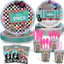 Avezano 192 Pcs 50s Party Plates Napkins 1950's Theme Rock Roll Party Tableware Back to 50s Disposable Paper Plates Napkins for Birthday Anniversary Party Decor Supplies for 24 Guests