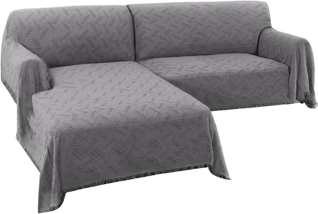 Turquoize Sectional Couch Covers L Shape Couch Cover Sectional Sofa Cover Washable 2 Pieces Couch Covers for Sectional Sofa Feature Geometrical Woven Jacquard Fabric (Chaise/2 Seats, Grey)