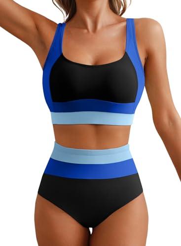Herseas Women Bikini Sets Scoop Neck Athletic Colorblock 2 Piece Tummy Control 2026 Swim Suits Adjustable Wide Straps Slimming Bathing Suit Casual Vacation Outfits Sky Blue XX-Large