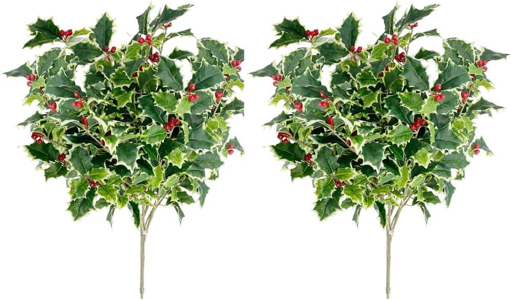 Admired by Nature Artificial Holly Leaves with Berries Bush Bouquet - for Holiday Winter Christmas Home Decor, Faux Floral Arrangement for Crafts, Events, Funerals, Cemeteries - Set of 2, Green