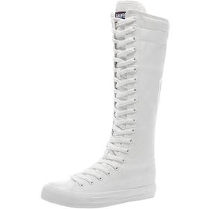 ANUFER Girls Women Fashion Canvas Knee Boots Pure Black Zip Dance Boots (6.5, White-Flat)