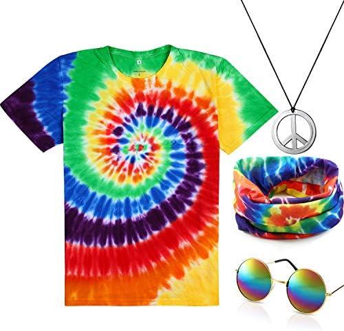 Norme 4 Pcs Kids Adult Hippie Costume Set Tie Dye T Shirt Peace Necklace Headband and Sunglasses for Boys Girls Men Women, XL