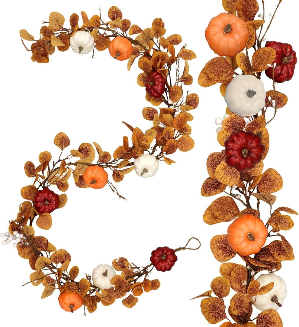 6ft Long Thanksgiving Artificial Garland with Pumpkin Autumn Mixed Eucalyptus Garland Farmhouse Hanging Rustic Fall Wreath Decor for Front Door Kitchen Fireplace Home Indoor Outdoor