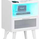 Nightstand with Ajustable LED and Desighed Drawer for Bedroom, End Table with Charging Station, Side Table with Open Compartment for Living Room, White LNT001W