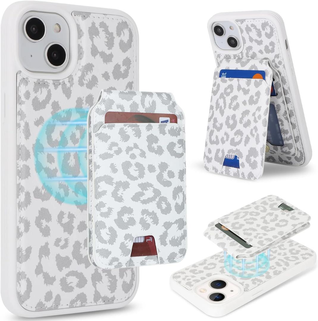 Case for iPhone 12 & iPhone 12 Pro Case Wallet magsaf Compatible 2 in 1 Detachable Magnetic with Card Holder Back Cards Slot Leather Shockproof Stand Phone case Women Men-White Leopard Print