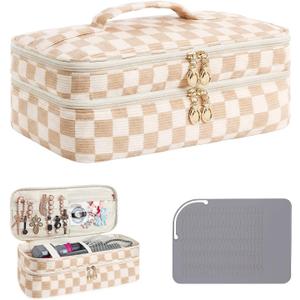 Hair Tools Travel Bag, Double-Layer Corduroy Carrying Case for Hair Dryers & Accessories, Portable Curling Iron Travel Case with Heat Resistant Mat, Elegant Hair Tool Organizer (CHECKED, L)