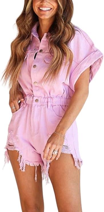 ChiyeeKiss Women's Distressed Denim Romper Short Cuffed Sleeve Jean Jumpsuit Collared Ripped Frayed Shortalls Overalls, Medium