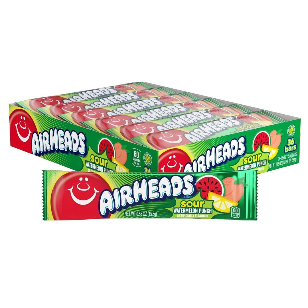 Airheads SOUR Candy Bars, Sour Watermelon Punch Flavored, Bulk, Concessions, Parties, Pack of 36 Bars