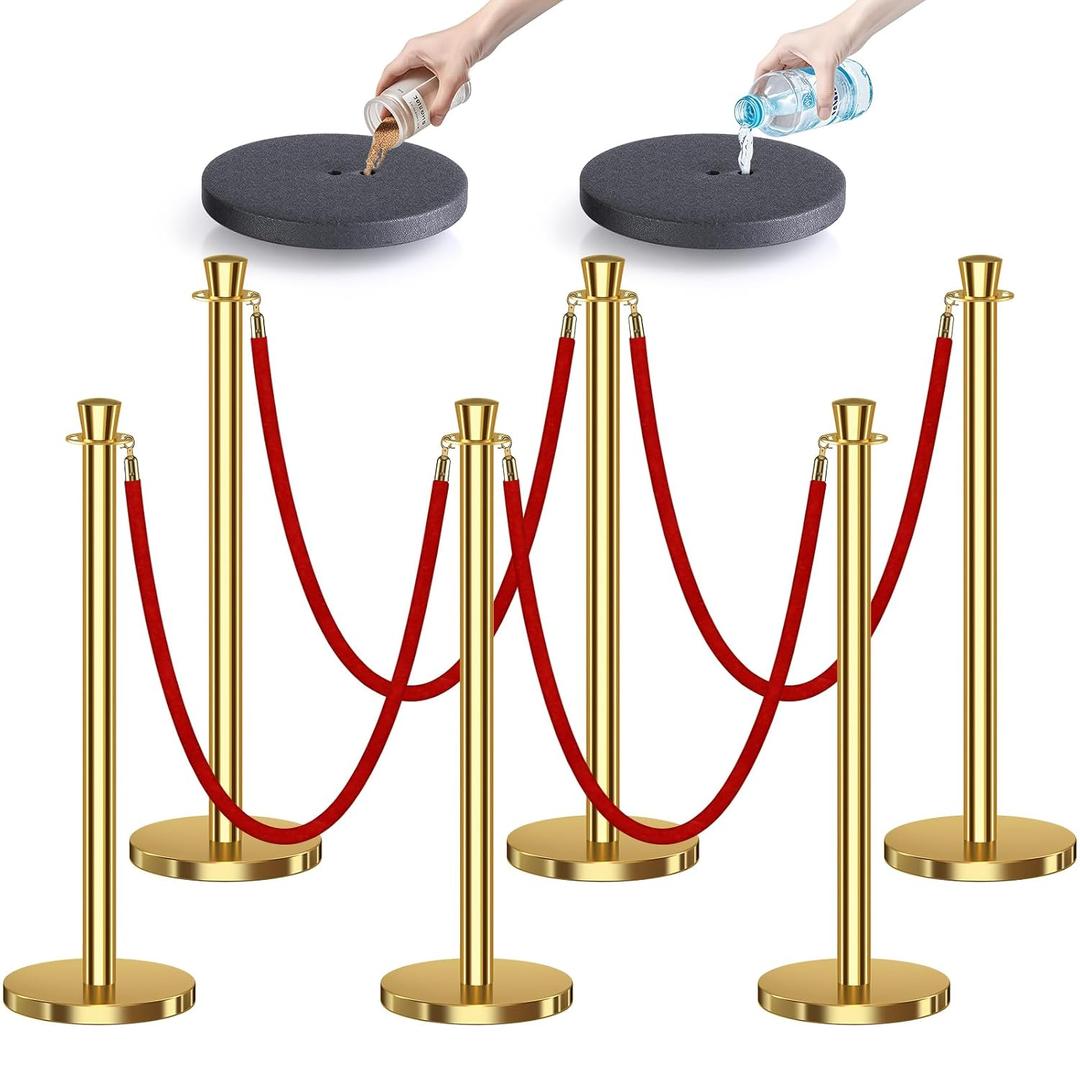 kaiyomi 6Pcs Stanchions with Red Velvet Ropes Set, 5 Feet Velvet Ropes and Posts Poles for Red Carpet Party Decoration and 360° Photo Booth (Golden)