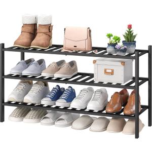 viewcare 3-Tier Long Black Shoe Rack, Bamboo Wood Shoe Rack for Closet, Entryway & Hallway, Stackable | Functional | Sturdy