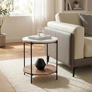 L Round Marble End Table – Solid Acacia Wood Shelf, Open Storage Side Table for Living Room, Bedroom, Entryway, Small Spaces – Nightstand, Plant Stand, Modern Accent Table with Metal Frame