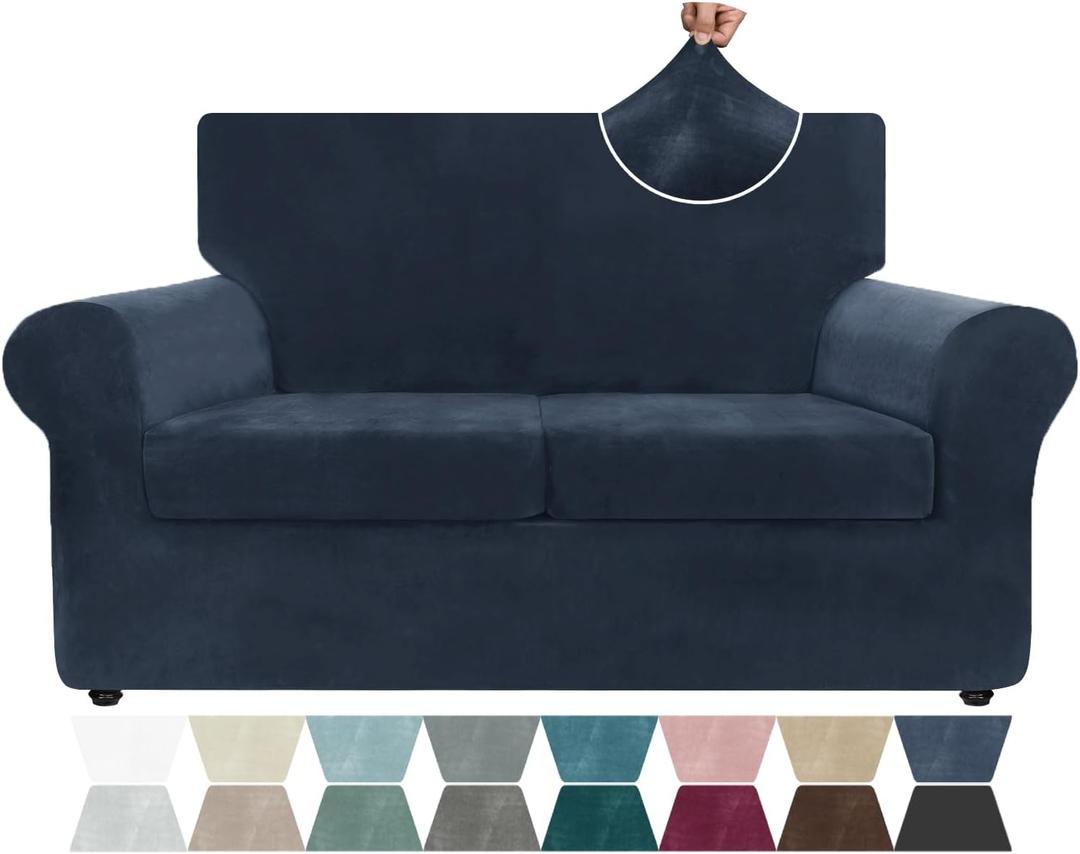 ZNSAYOTX Luxury Velvet Sofa Cover 3 Piece (57"-70") Stretch Loveseat Covers for 2 Cushion Couch Thick Soft Couch Slipcover with Non Slip Strap, Dog Pet Friendly Nice Furniture Protector (Navy Blue)